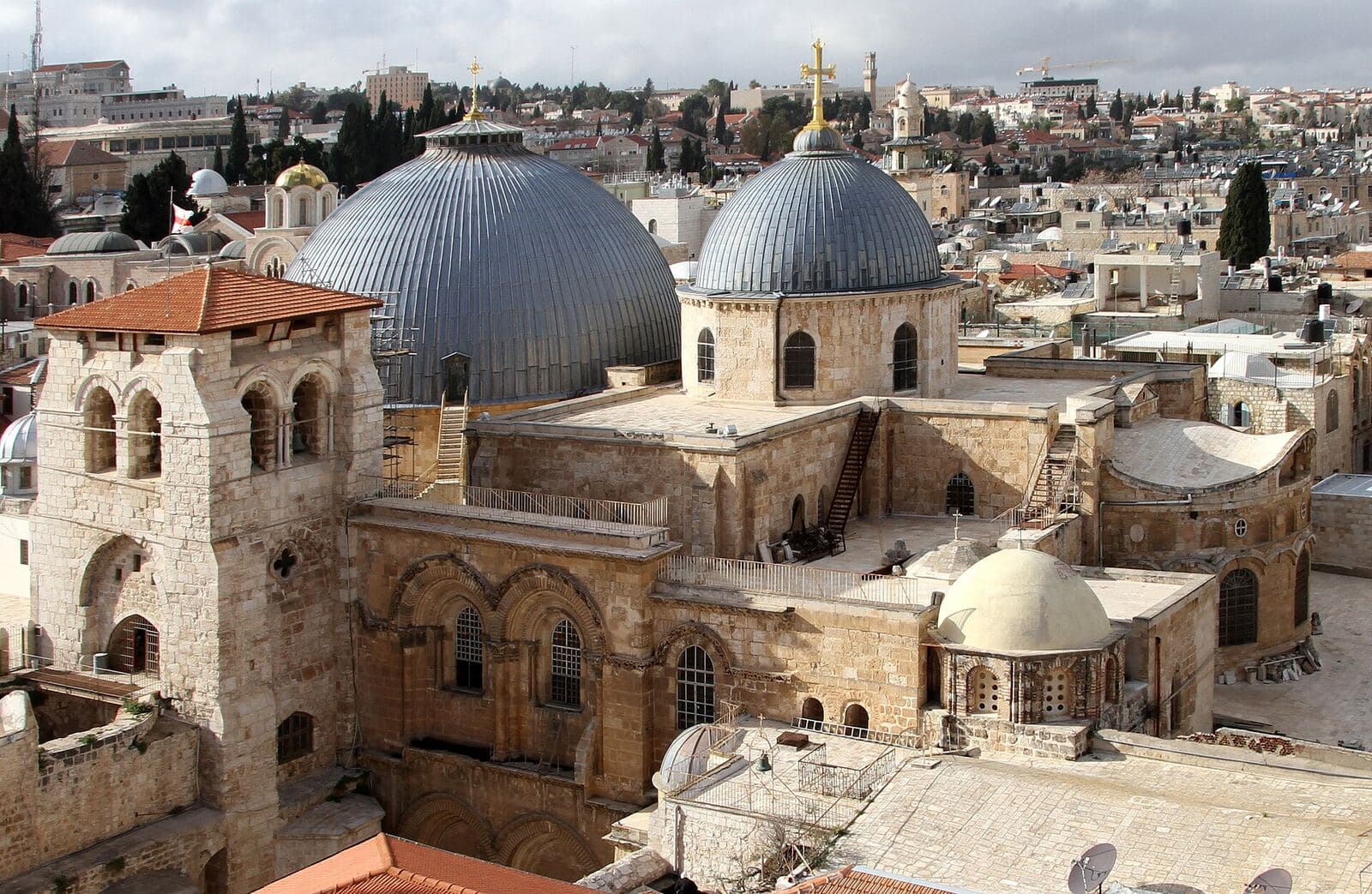 The domes and bell tower of the Church of the Holy Sepulchre rising above Jerusalem’s Old City