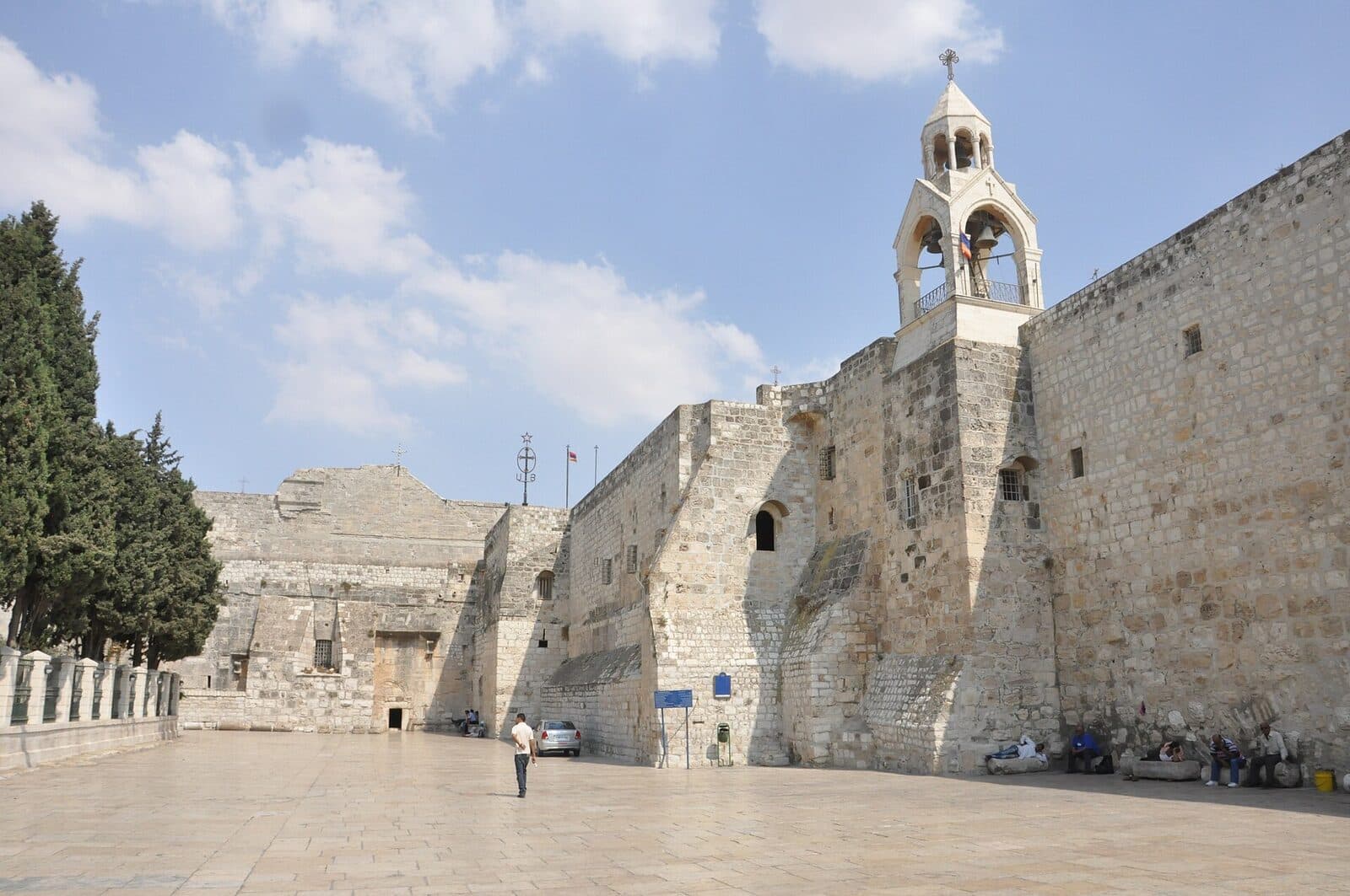 The Church of the Nativity and its bell tower beside Manger Square in Bethlehem